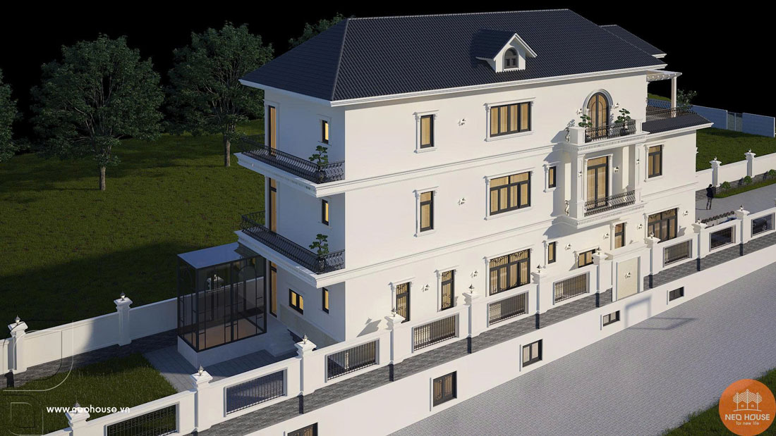 Phối cảnh biệt thự mái Nhật 3 tầng 6 phòng ngủ phong cách tân cổ điển tại Bình Dương. Ảnh 6