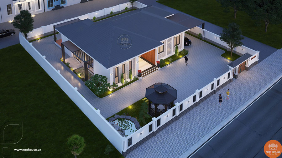 Thi công biệt thự 1 tầng mái Nhật có hồ bơi sang trọng 15x13m