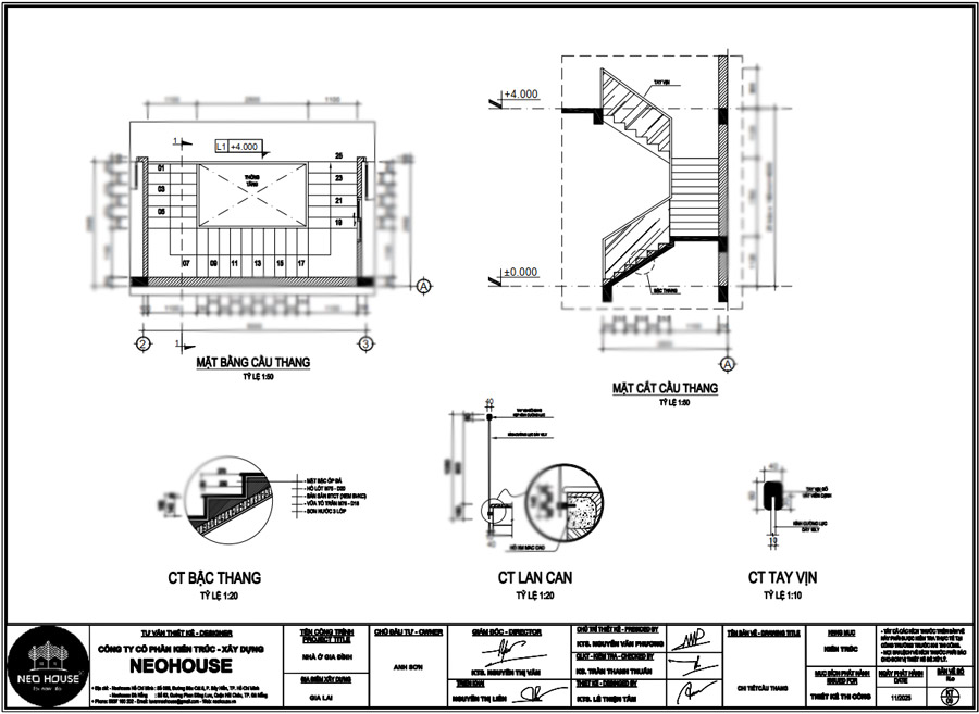 Bản vẽ cầu thang nhà 2 tầng 6x15m