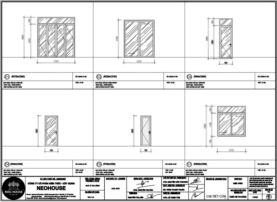 Bản vẽ triển khai kích thước cửa nhà 2 tầng 6x15m