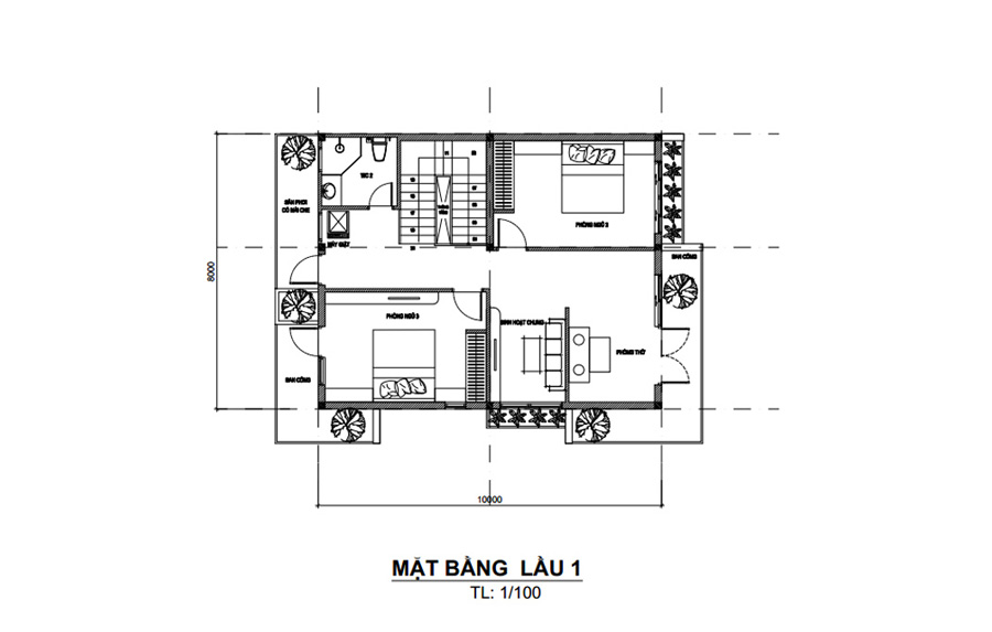 Mặt bằng lầu 1 nhà 2 tầng 3 phòng ngủ có phòng thờ tầng 2
