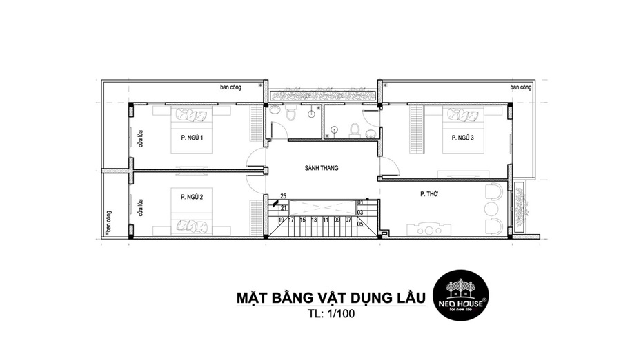 Mặt bằng lầu 1 nhà 2 tầng 4 phòng ngủ có phòng thờ tầng 2