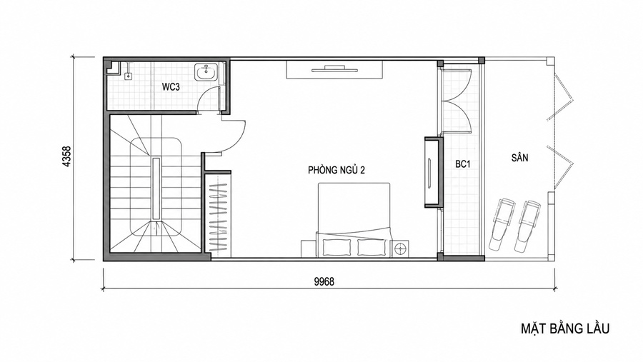 Bản vẽ mặt bằng lầu 1 nhà 2 tầng 40m2 có gác lửng