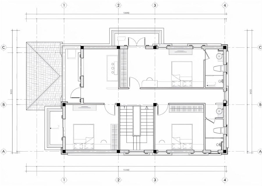 Mặt bằng lầu 1 nhà 2 tầng mái Nhật có phòng thờ tầng 2