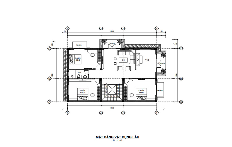 Mặt bằng lầu 1 nhà 2 tầng mái Thái có phòng thờ tầng 2