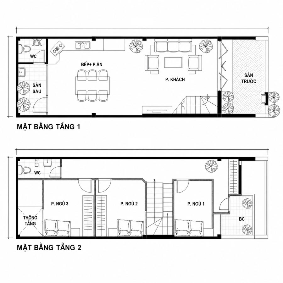 Bản vẽ mặt bằng công năng nhà ống 2 tầng 50m2