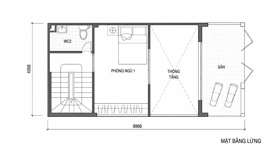 Bản vẽ mặt bằng tầng lửng nhà 2 tầng 40m2 có gác lửng