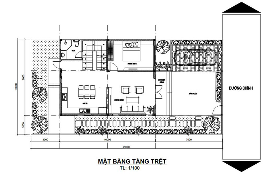 Mặt bằng tầng trệt nhà 2 tầng 3 phòng ngủ có phòng thờ tầng 2