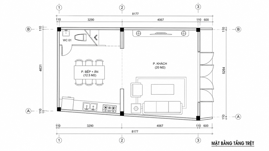 Bản vẽ mặt bằng tầng trệt nhà 2 tầng 40m2 2 phòng ngủ