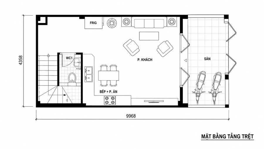 Bản vẽ mặt bằng tầng trệt nhà 2 tầng 40m2 có gác lửng