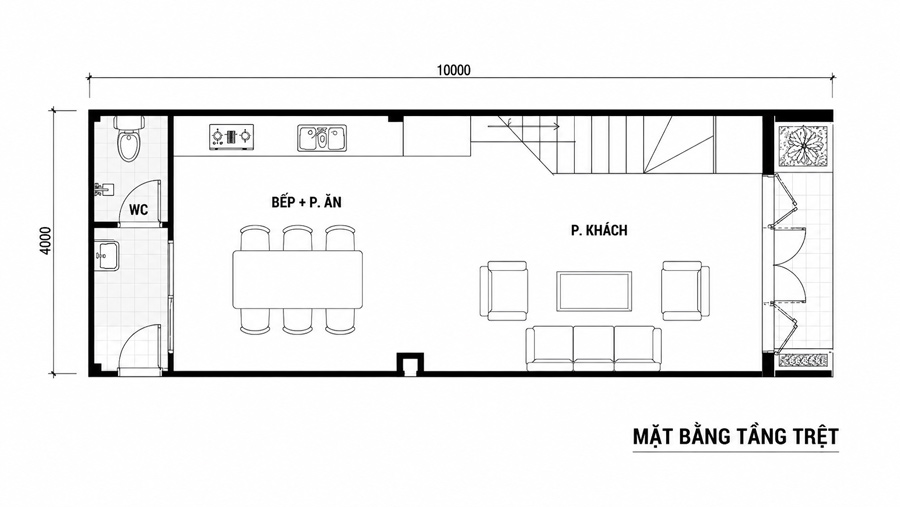 Bản vẽ mặt bằng tầng trệt nhà 2 tầng 4x10m