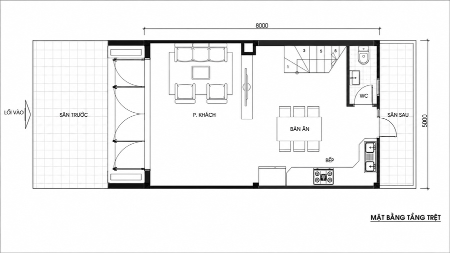 Bản vẽ mặt bằng công năng tầng trệt nhà 2 tầng 5x8m