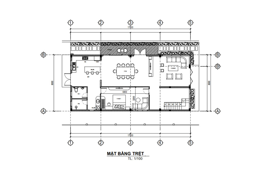 Mặt bằng công năng tầng trệt nhà 2 tầng có phòng thờ tầng 2