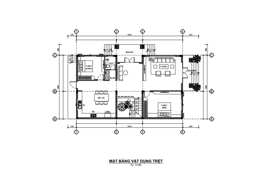 Mặt bằng tầng trệt nhà 2 tầng mái Thái có phòng thờ tầng 2