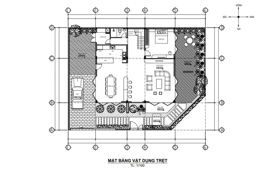 Mặt bằng tầng trệt nhà 2 tầng mái bằng có phòng thờ tầng 2