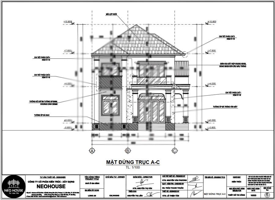 Bản vẽ mặt đứng nhà 2 tầng mái Thái