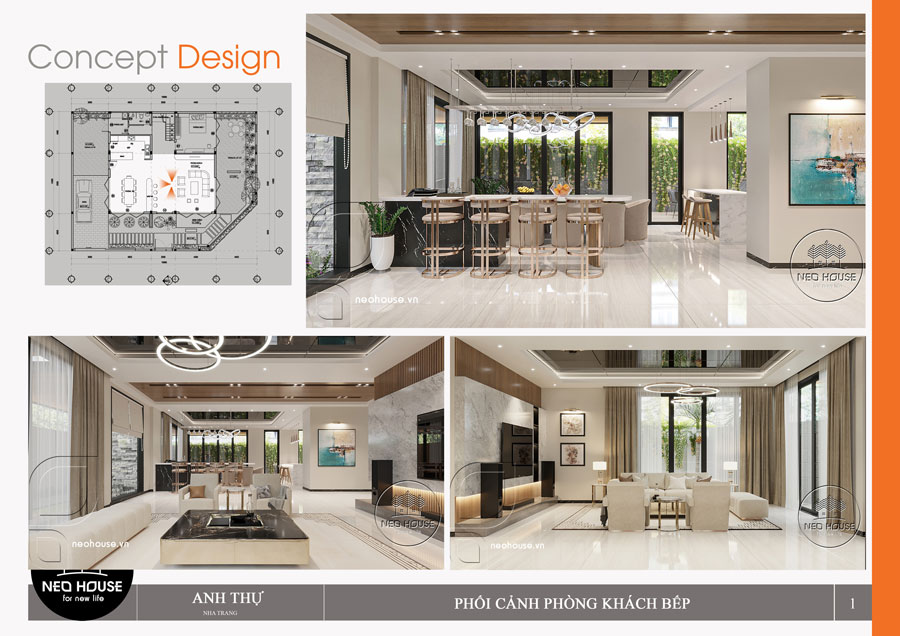 Bản vẽ phối cảnh 3D nội thất nhà 2 tầng phong cách hiện đại