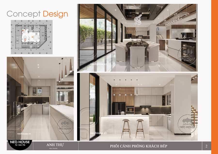 Bản vẽ phối cảnh 3D nội thất nhà 2 tầng phong cách hiện đại