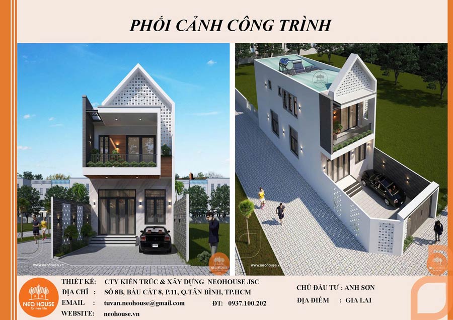 Bản vẽ phối cảnh 3D kiến trúc nhà 2 tầng 6x15m