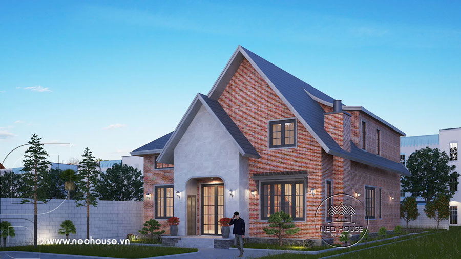 Bản vẽ phối cảnh 3D kiến trúc nhà 2 tầng kiểu Mỹ