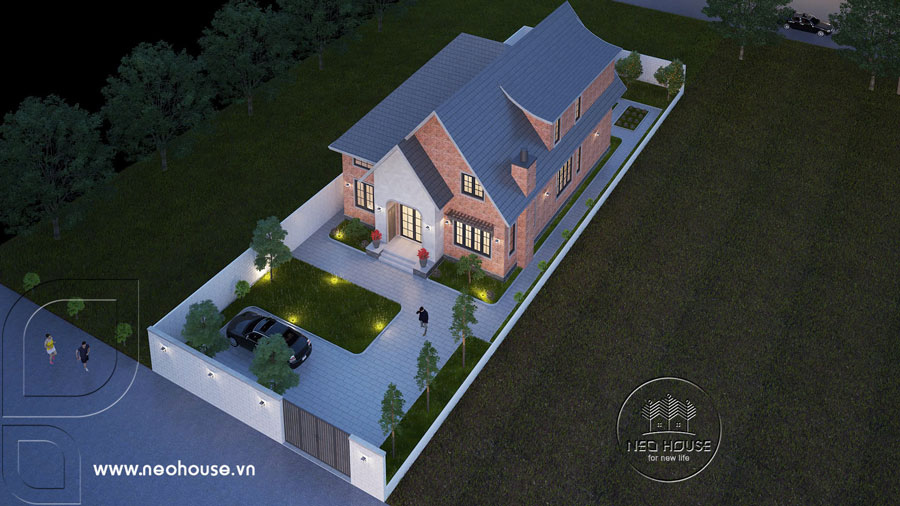 Bản vẽ phối cảnh 3D kiến trúc nhà 2 tầng kiểu Mỹ