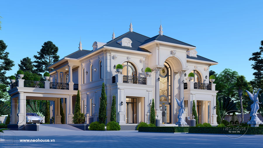 Bản vẽ phối cảnh 3D kiến trúc nhà 2 tầng kiểu Pháp