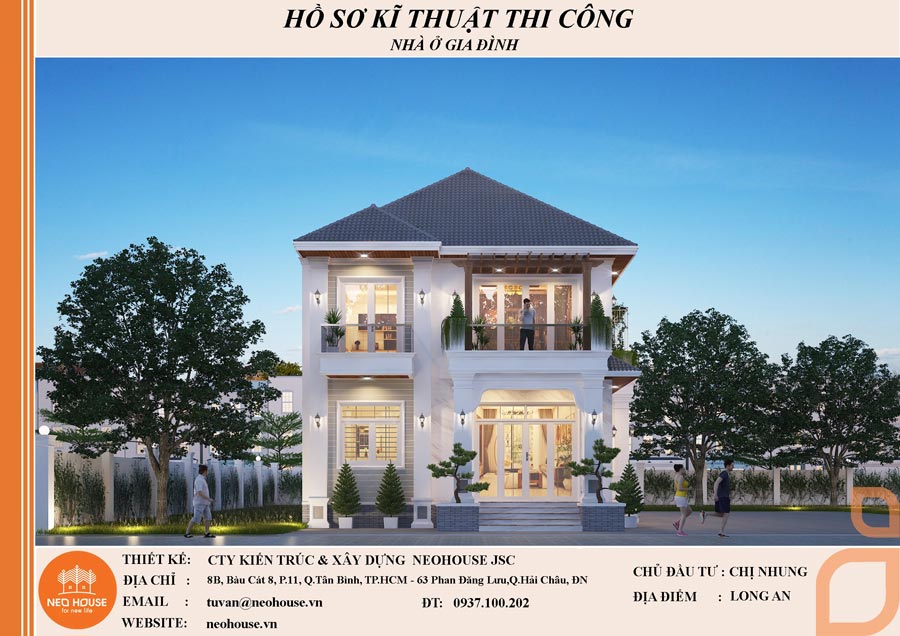 Bản vẽ phối cảnh 3D kiến trúc nhà 2 tầng mái Thái