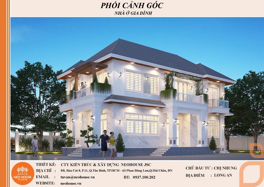 Bản vẽ phối cảnh 3D kiến trúc nhà 2 tầng mái Thái