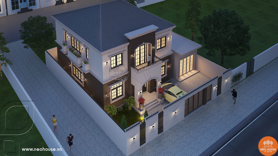 Bản vẽ phối cảnh 3D kiến trúc nhà 2 tầng phong cách châu Âu