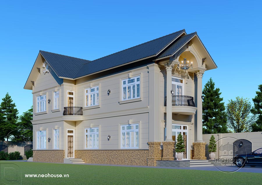 Bản vẽ phối cảnh 3D kiến trúc nhà 2 tầng phong cách tân cổ điển