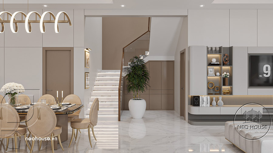 Bản vẽ phối cảnh 3D nội thất nhà 2 tầng chữ L độc đáo