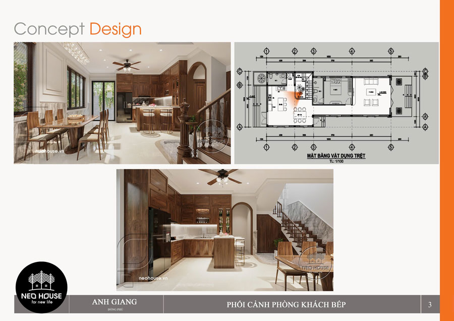 Bản vẽ phối cảnh 3D nội thất nhà 2 tầng phong cách tân cổ điển