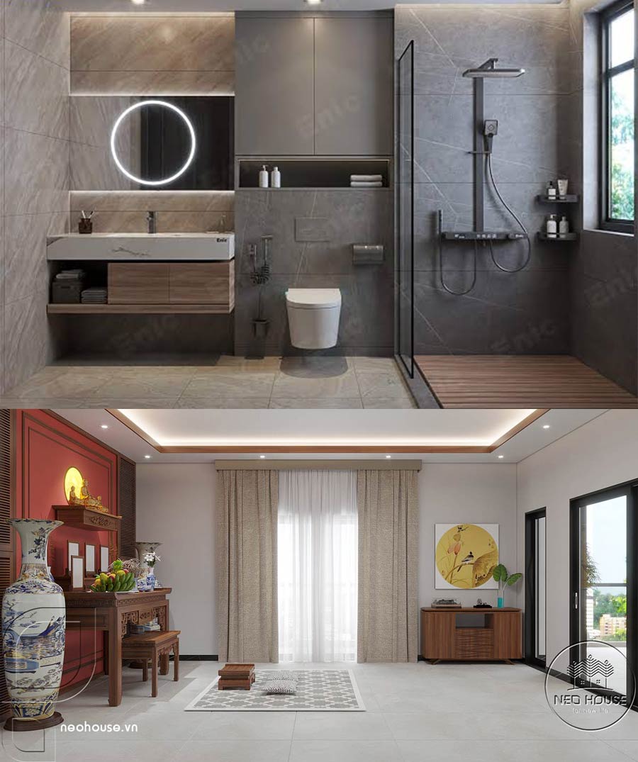 Bố trí WC hoặc khu vực nước phía trên phòng thờ