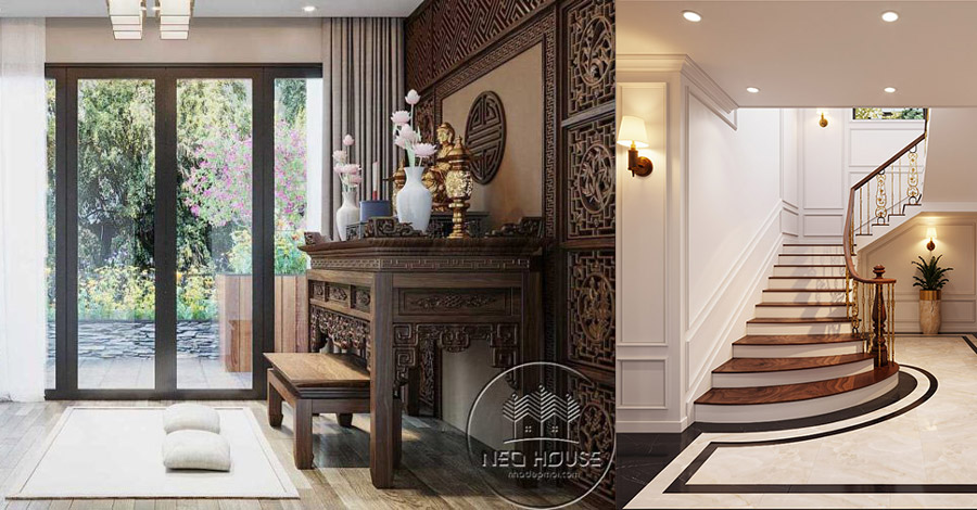 Đặt bàn thờ dưới cầu thang hoặc xà ngang