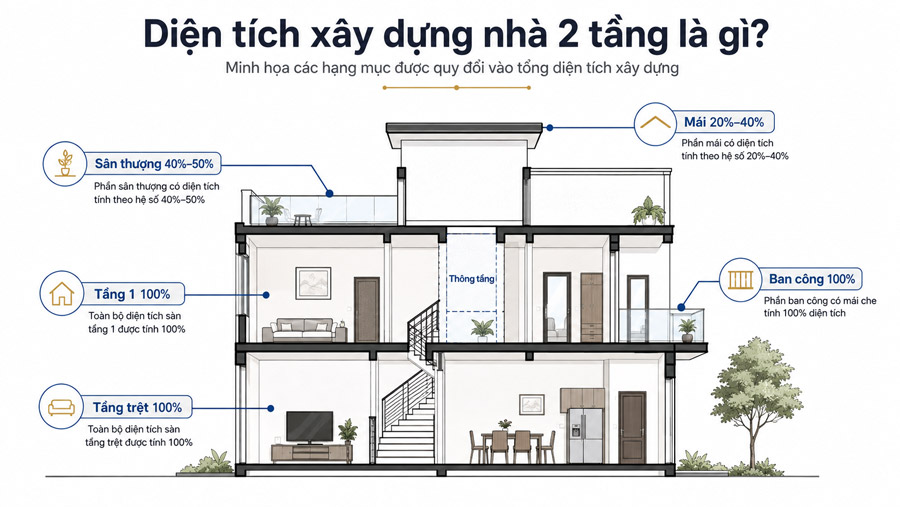 Diện tích xây dựng nhà 2 tầng là gì?