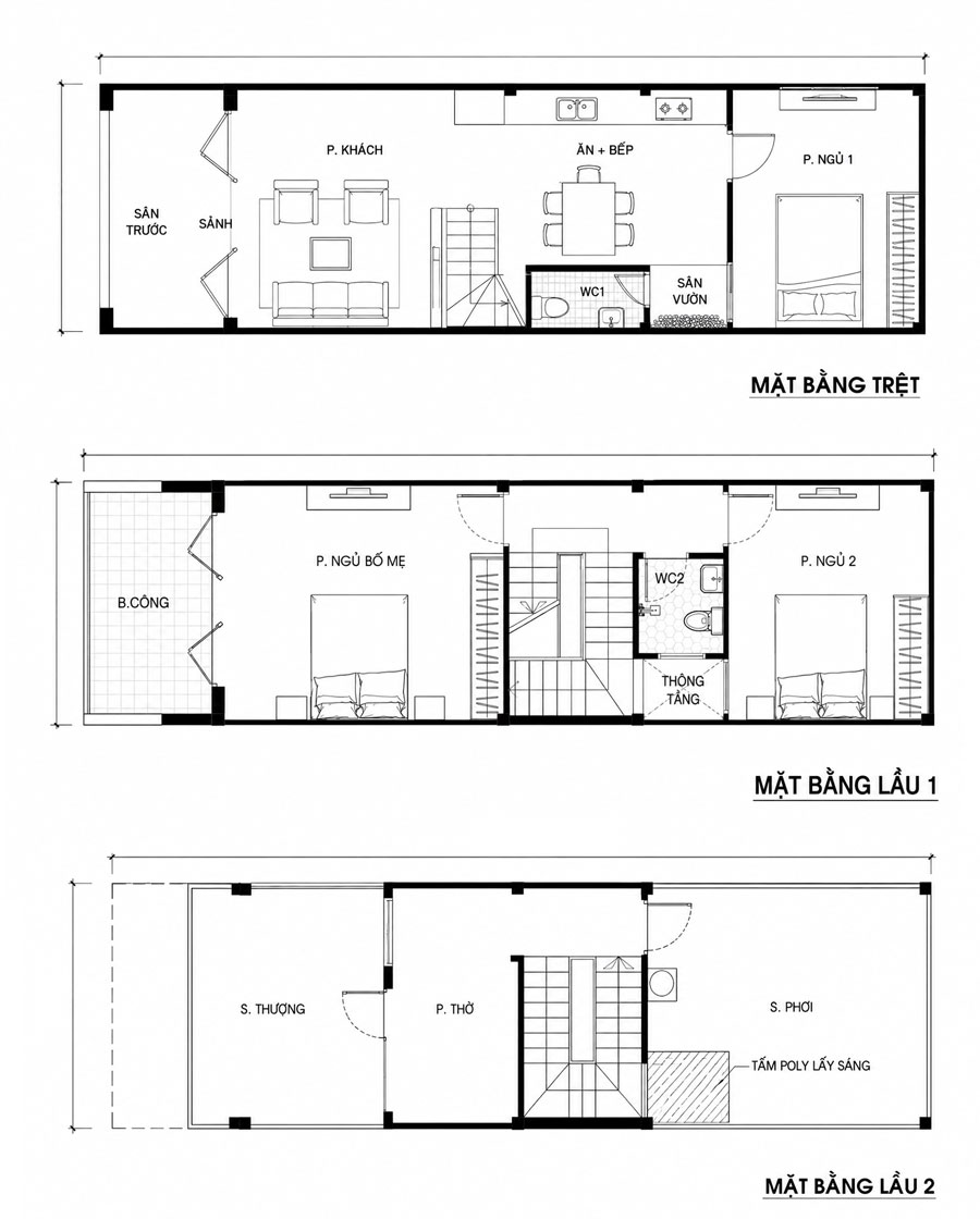 Bản vẽ mặt bằng công năng nhà 2 tầng 1 tum 50m2
