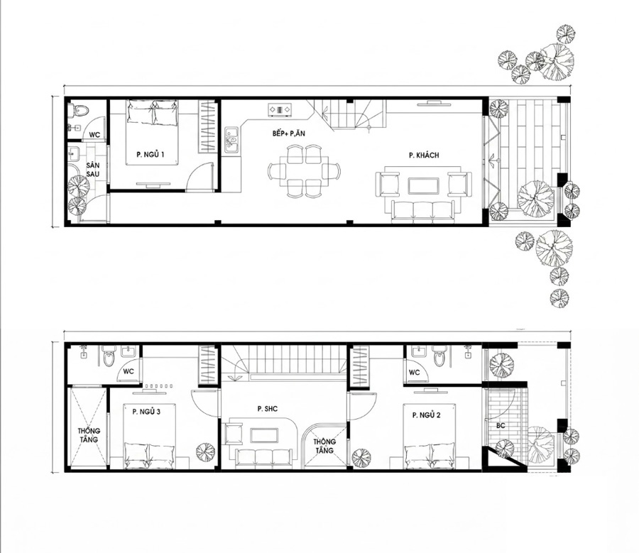 Bản vẽ mặt bằng công năng nhà 2 tầng 3x15m