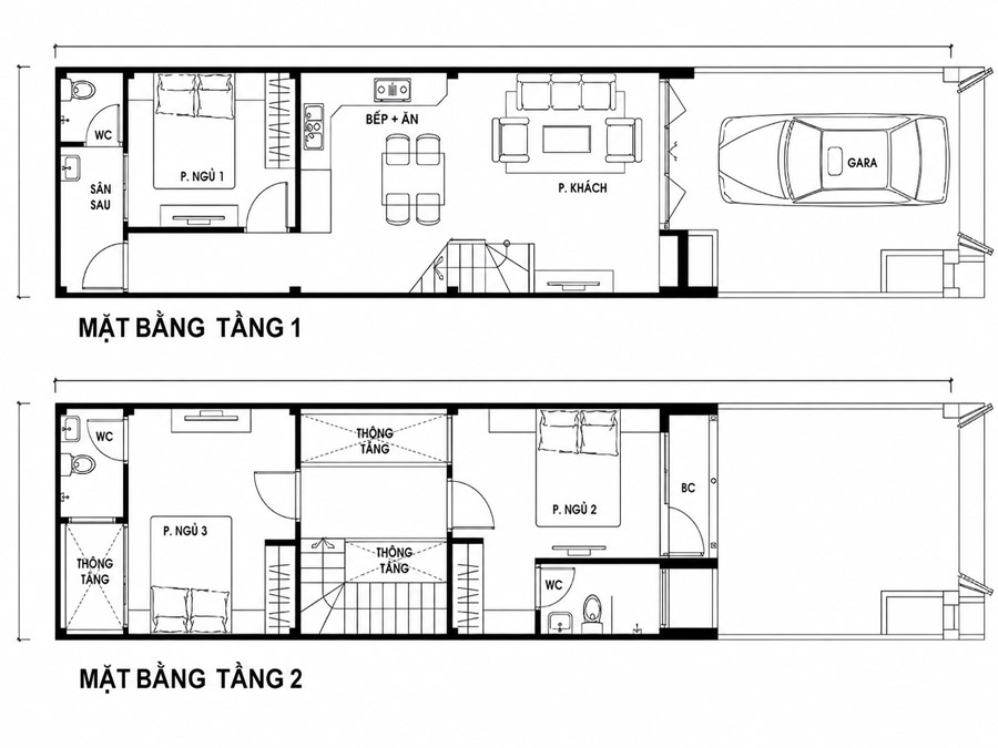 Bản vẽ mặt bằng công năng nhà 2 tầng 3x20m