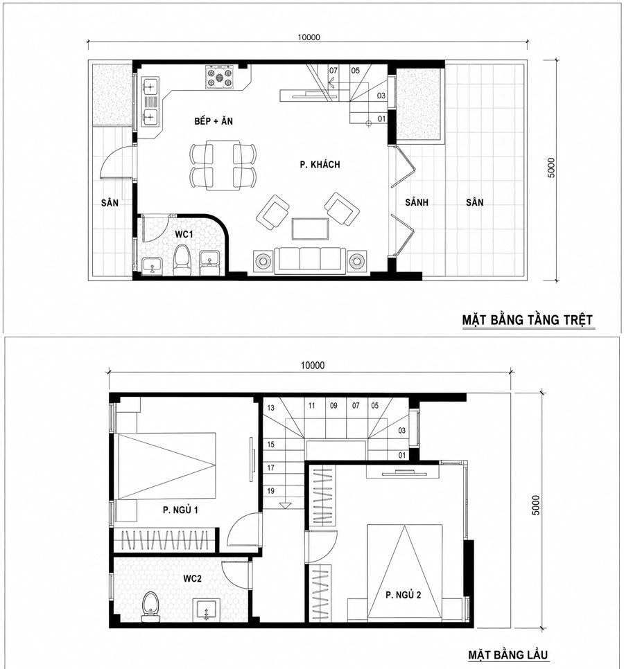 Bản vẽ mặt bằng công năng nhà 2 tầng 50m2 2 phòng ngủ