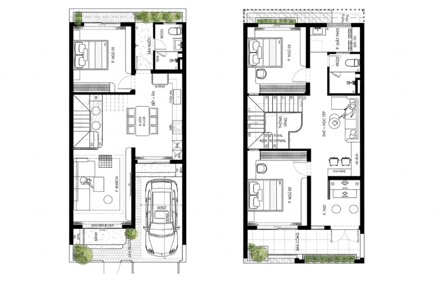 Mặt bằng công năng nhà 2 tầng mặt tiền 6.5m x 15m