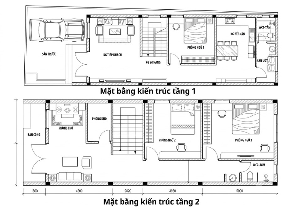 Mặt bằng công năng nhà 2 tầng mặt tiền 6.5m x 20m