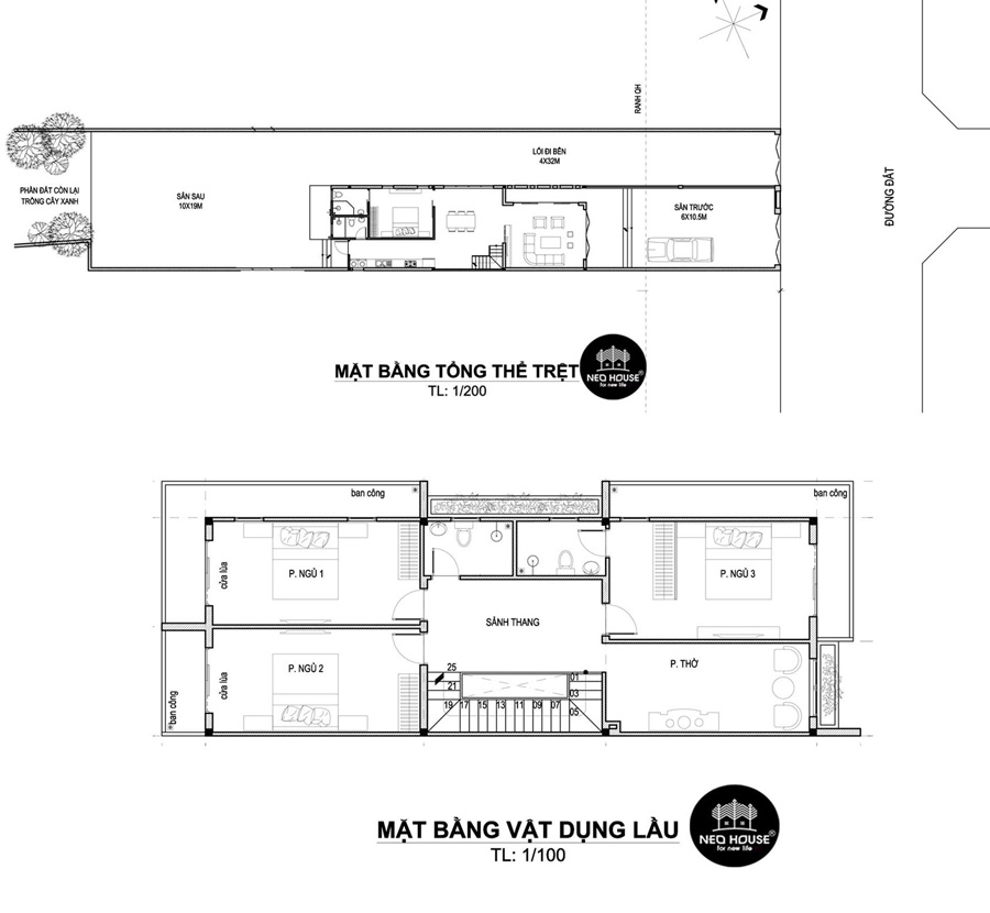 Mặt bằng công năng nhà 2 tầng hướng Tây 4 phòng ngủ