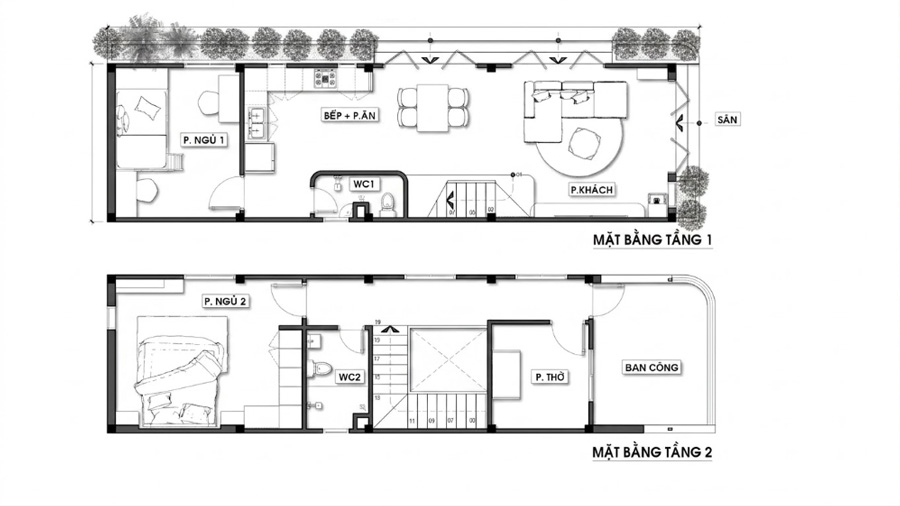 Bản vẽ mặt bằng nhà 2 tầng mặt tiền 4.5m có 2 phòng ngủ