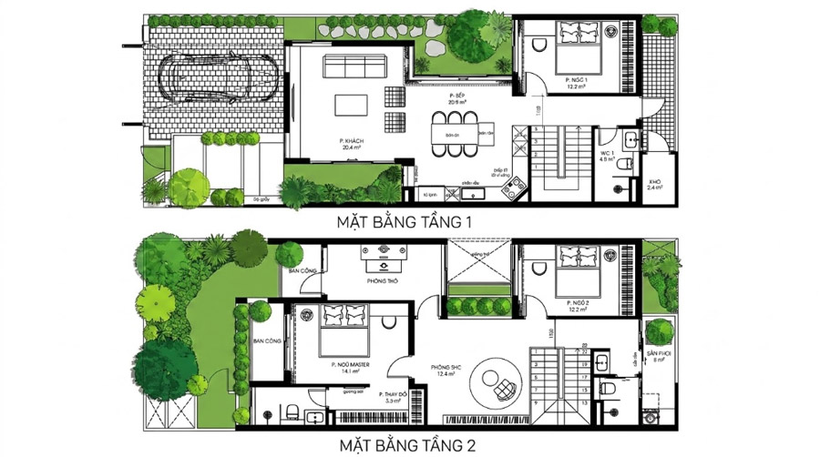 Mặt bằng công năng nhà 2 tầng mặt tiền 6.5m có sân vườn
