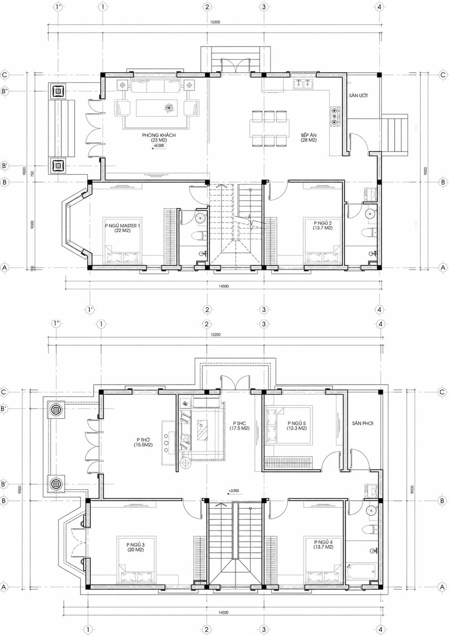 Bản vẽ mặt bằng nhà 2 tầng mặt tiền 9m cho gia đình đa thế hệ