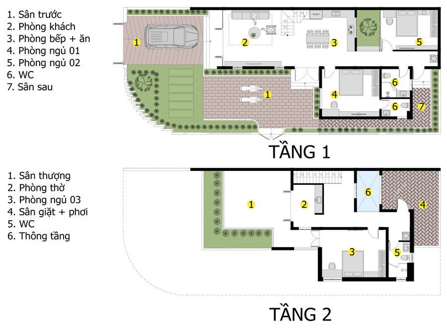 Bản vẽ mặt bằng nhà 2 tầng mặt tiền 9m có sân vườn