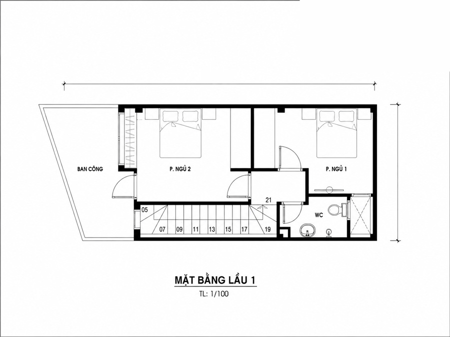 Bản vẽ mặt bằng lầu 1 nhà 30m2 2 tầng có ban công