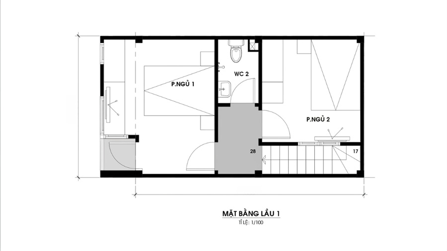 Bản vẽ mặt bằng lầu 1 nhà 2 tầng 30m2 có gác lửng