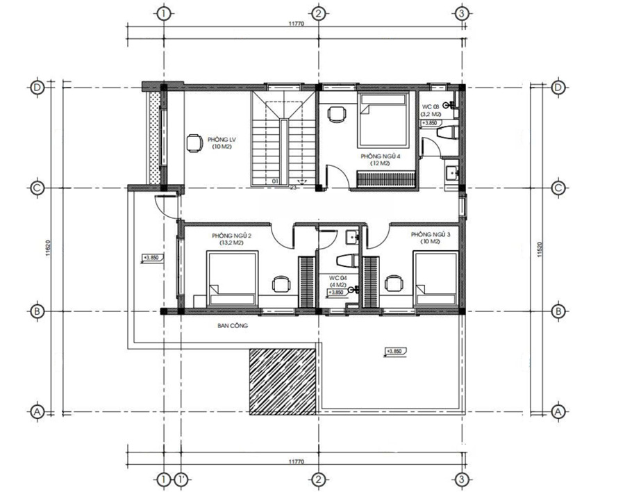 Mặt bằng lầu 1 nhà 2 tầng 4 phòng ngủ có phòng thờ tầng 1