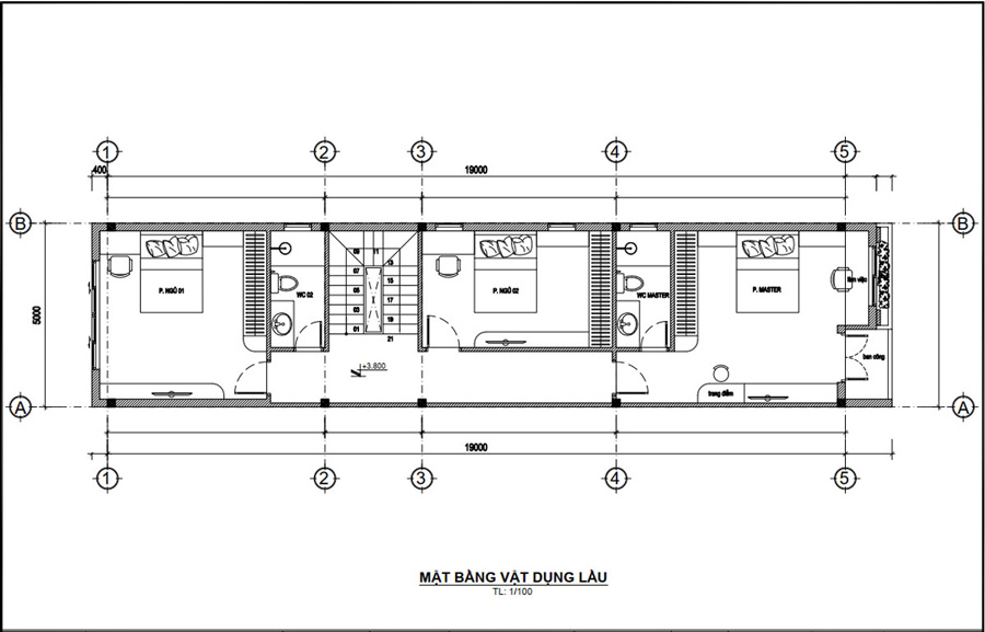 Mặt bằng lầu 1 nhà 2 tầng 5x20m